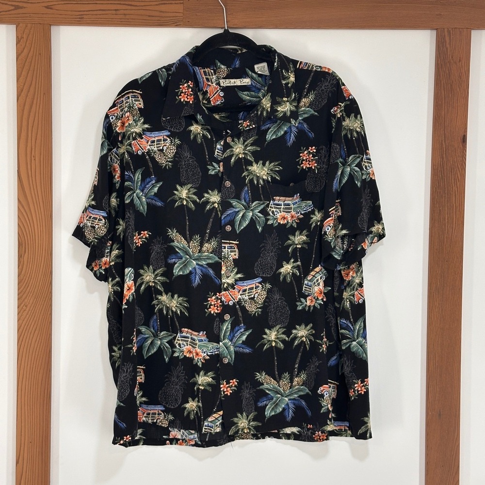 Batik Bay Woody Wagon Tropical Hawaiian Shirt Mens XXL Black‎ Rayon Surf Coastal